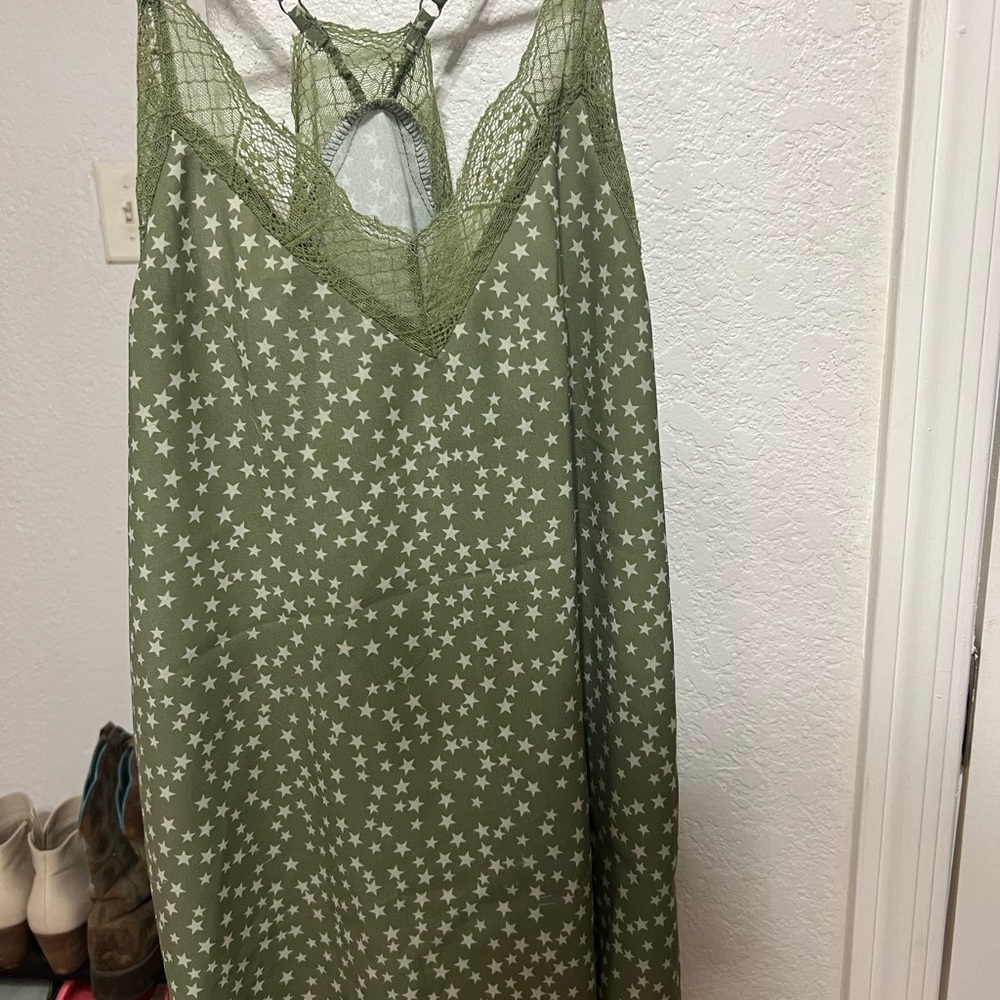 Green Star Print Dress with Lace Detail